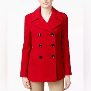 Cherry Red Calvin Klein Button Pockets Lined Wool Cashmere Peacoat Fall Coat